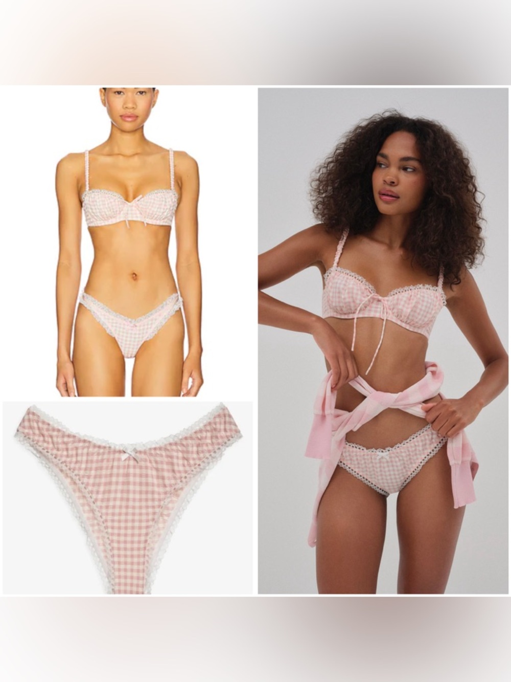 NWT For Love & Lemons Pink Gingham Bra & Bikini Panty Set — Size L
